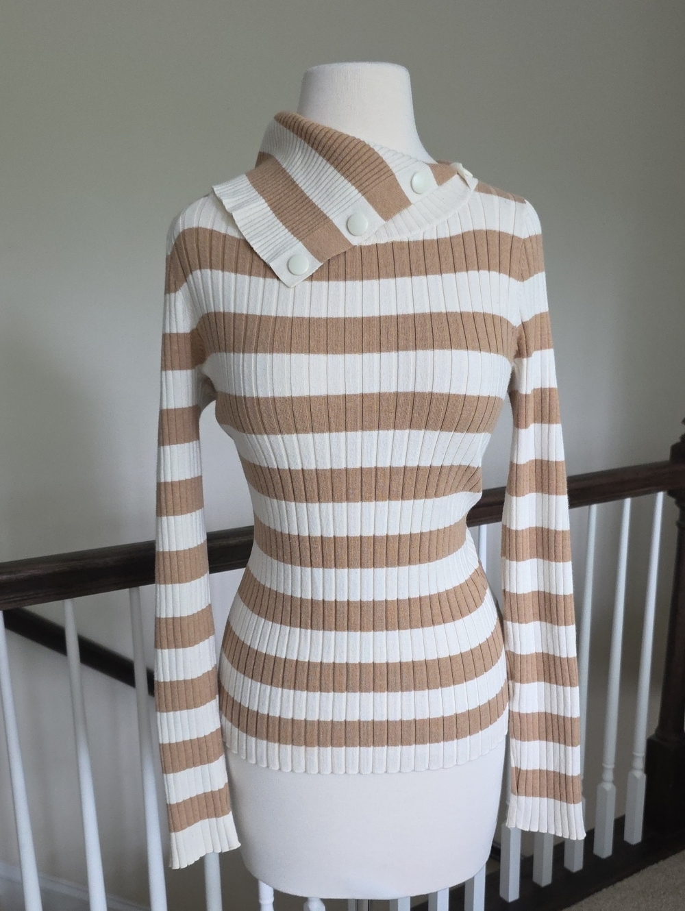 Striped Cream and Tan Ribbed Button-Neck Sweater